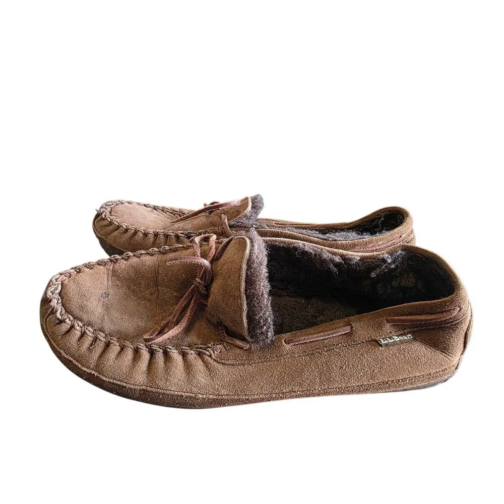 L.L. Bean Men Moccasin Suede Sherpa Lined Slipper Brown Sz 9